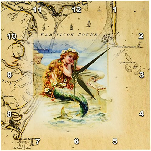 3dRose DPP_204851_1 Print of Vintage Map Outer Banks with Mermaid Wall Clock, 10 by 10"