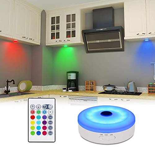 Bason Rechargeable Puck Lights with Remote  Color Changing Lights Under Cabinet led Lighting  RGB Wireless Light for Kitchen Closet Display Case 1 Pack