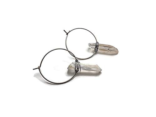 Angel Quartz Wire Wrapped Stainless Steel Hoop Earrings
