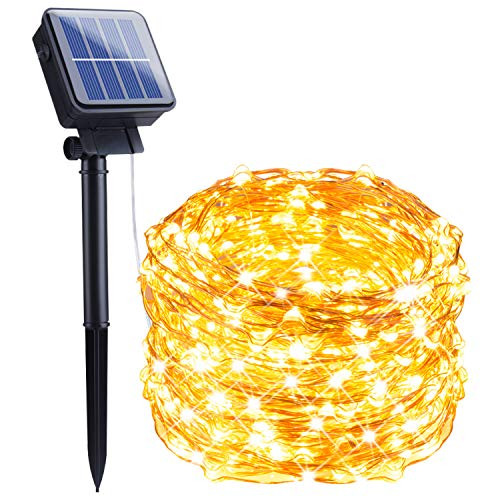 Outdoor Solar String Lights  33Feet 100 Led Solar Powered Fairy Lights with 8 Lighting Modes Waterproof Decoration Copper Wire Lights for Patio Yard Trees Christmas Wedding Party  Warm White