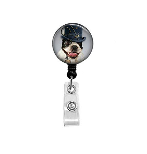 Dog Badge Reel - Steampunk Dog - Boston Terrier - Badge Reel - Retractable Badge - Dog ID Holder - Nurse Badge Holder - Dog Lover
