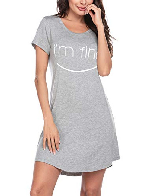 Hotouch Sleep Shirts for Women Nightgown Cotton Print Sleep Shirt Short Sleeve Sleep Tee Nightshirt Grey XL