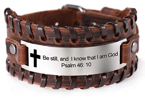 TEAMER Cross Leather Bracelet Stainless Steel Inspirational Message Engraved Christian Bible Adjustable Cuff Bangle Gifts for Men  Be Still and Know That I Am God Psalm 46 10