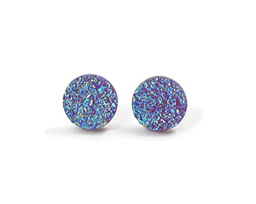 8mm or 10mm Iridescent Color Changing Purple Lavender Turquoise Faux Druzy Stud Earrings - Titanium or Surgical Stainless Steel Posts Nickel Free for Sensitive Ears