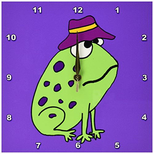 3dRose dpp_200512_1 Funky Green Frog Wearing Purple Hat-Wall Clock, 10 by 10-Inch