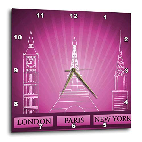 3dRose DPP_101396_1 London, Paris, and New York Historical Structures in Purple-Wall Clock, 10 by 10-Inch
