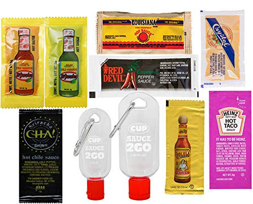 By The Cup Hot Sauce Packet Variety  Louisiana  Texas Pete  Cholula  El Yucateco  Crystal  Red Devil  Heinz  8 Great Sauces  80 Packets with 2 By The Cup Sauce 2 Go Keychains