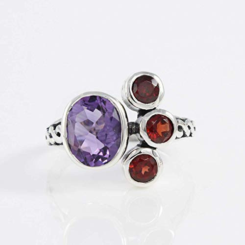 open size ring with genuine amethyst and garnet  genuine gems stone ring  enchanting 5 mm round - shape garnet stone  8 * 10 oval - shape amethyst stone  ring size 9 us  infinity band ring