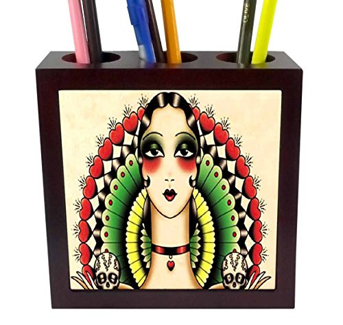 3dRose ph_62386_1 Mexican Art Deco Lady with Skulls-Tile Pen Holder, 5"