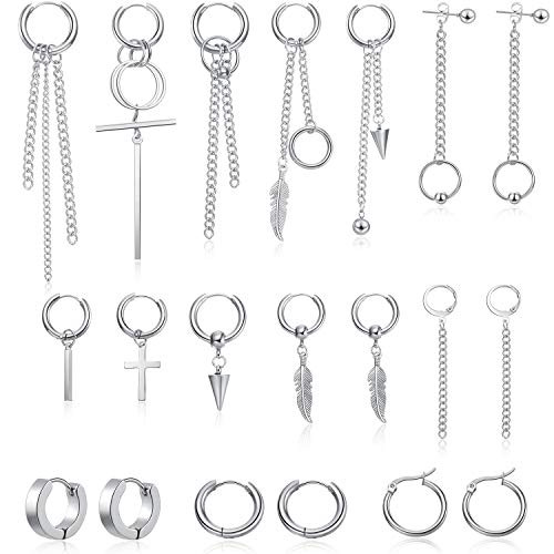 20 Piece Huggie Hoop Earring Stainless Steel Dangle Hinged Feather Earring Long Chain Pendant Earring  Silver