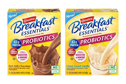 Carnation Breakfast Essentials Probiotics Instant Nutritional Drink Mix Variety Pack - 1 Pack Rich Milk Chocolate  1 Pack Classic French Vanilla - 1.26 OZ Packets  10 Packets Box   Pack of 2 Boxes