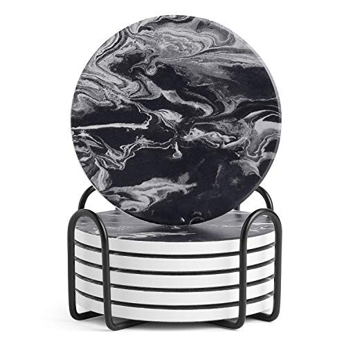 LIFVER Coasters with Holder  Set of 6 Coasters for Drinks Absorbent Stone  Black Marble Style Ceramic Drink Coaster for Tabletop Protection