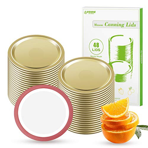 VEHHE 48 PCS Canning Lids Regular Mouth - Metal Split-Type Mason Jar Lids Leak Proof Canning Jar Lids with Silicone Seals Rings for Mason Ball Kerr Jars?Gold?