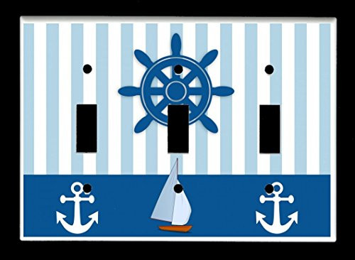 Triple Toggle  3-toggle  Light Switch Plate Cover - Nautical - Light Blue Stripes Navy Blue Ship Wheel Helm Anchors