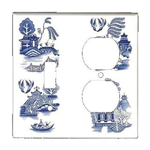 Combo Single Toggle Single Duplex Outlet Light Switch Plate Cover - Vintage-look Blue Willow