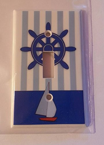 Single Toggle  1-toggle  Light Switch Plate Cover - Nautical - Light Blue Stripes Navy Blue Ship Wheel Helm Sail Boat