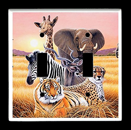 Double Toggle  2-toggle  Light Switch Plate Cover - African Wildlife Safari Animals - Safari II