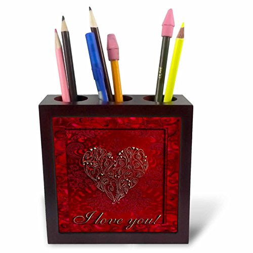 3dRose ph_22451_1 Gold Heart on Red I Love You-Tile Pen Holder, 5-Inch