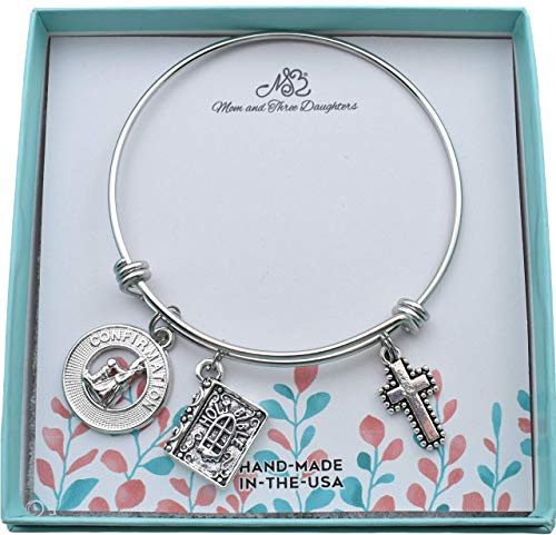 Confirmation Bangle Bracelet in Stainless Steel with Three Silver Toned Metal Charms. Confirmation Gift for Teen Girl. Confirmation Gift.