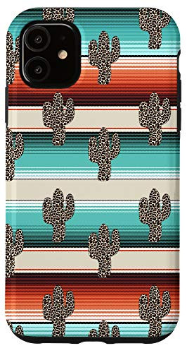 iPhone 11 Funny Leopard Cactus Serape print Turquoise Case