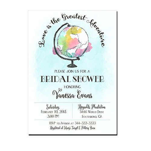 Watercolor Globe World Travel Bridal Shower Invitations  Love is the Greatest Adventure Shower Invitations  Set of 10 Invitations with white envelopes