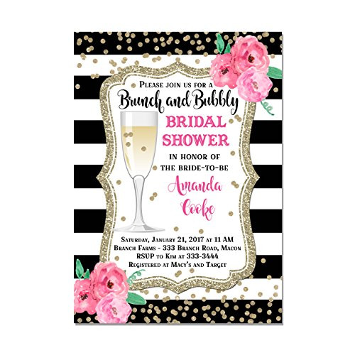 Brunch and Bubbly Bridal Shower Invitation with Black and White Stripes  and  Watercolor Flowers  Set of 10 invitations with envelopes