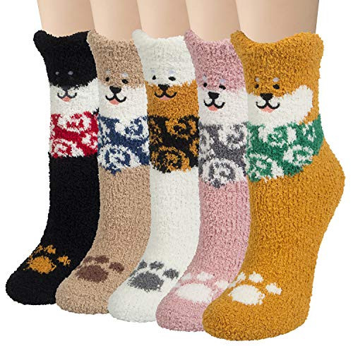 YSense 5 Pairs Cat Fuzzy Socks for Women Cute Winter Warm Animal Fluffy Socks Cozy Soft Sleeping Slipper Socks Brown