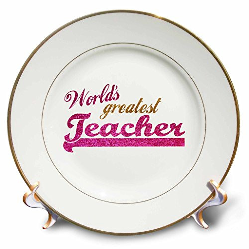 3dRose cp_151321_1 Worlds Greatest Teacher Hot Pink and Gold Text for Females School Teacher Appreciation Gifts Porcelain Plate, 8-Inch