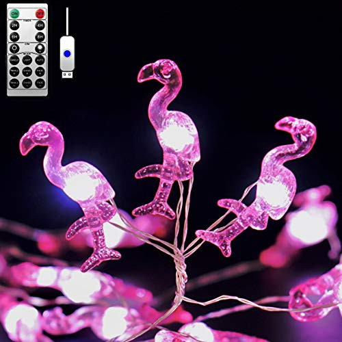 Decorative String Lights  18.7 Ft 40 LED USB Plug-in Silver Copper Wire Beach Theme Fairy Lights for Indoor Outdoor Decoration Projects  Remote Control with Timer   Flamingo