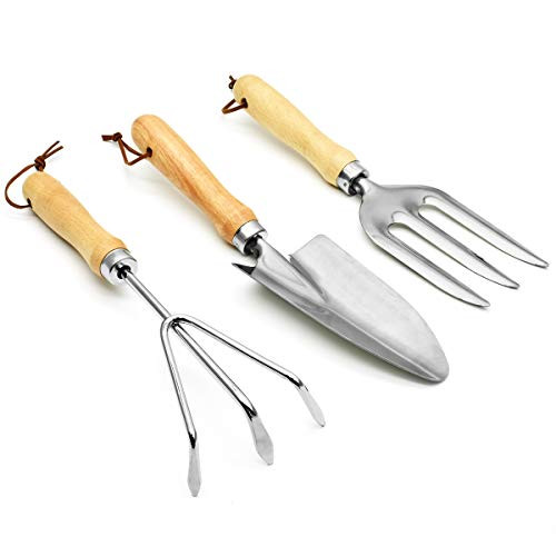 Gardening Hand Tools Set  3-Piece Heavy Duty Carbon Steel Gardening Kit Includes Trowel Fork Rake  Non-Slip Wood Handle  Gardening Gift for Women