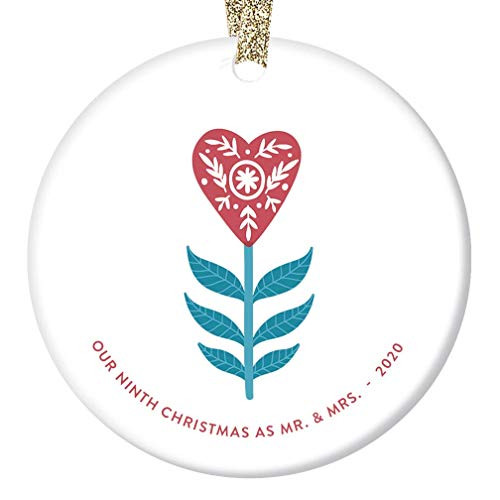 9th Christmas as Mr  and  Mrs Ornament 2020 Dated Our Ninth Anniversary Gift Celebrating Nine 9 Years Married Present Couple Husband Wife Primitive Heart Tree Decoration Glossy 3 Flat Circle Gold Ribbon