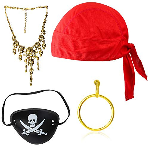 Beelittle Captain Pirate Costume Accessory Set Doo Rag Skull Cap Pirate Eye Patch Gold Earrring Necklace Halloween Pirate Accessories Kit  Red1