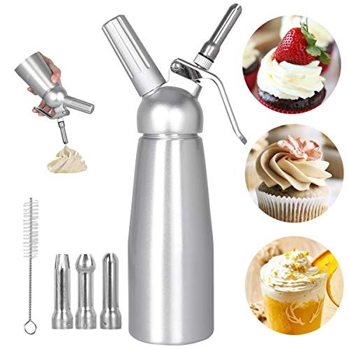 Wodesid 500mL Whipped Cream Dispenser Stainless Steel with 3 Nozzles  Whipped Cream Maker  Whip Cream Canister  Ice Cream Dispenser  Whipping Cream for Cake Decorating Cheese Pastry Cream Shakes