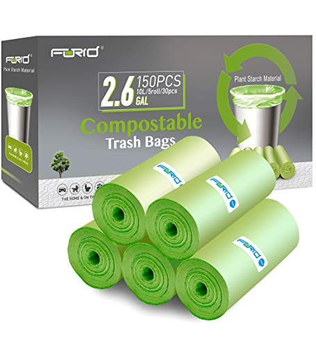 Small Trash Bags - FORID 2.6 Gallon Compostable Garbage Bags 150 Count Mini Strong Trash Can Liners 10 Liter Unscented Wastebasket Bags for Kitchen Bathroom Home Office  5Rolls Green