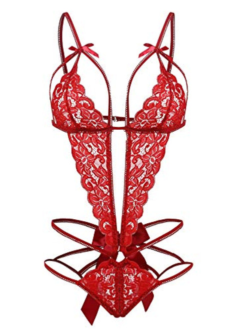 Donnalla Teddy Lingerie for Women One Piece Strappy Deep V Lace Cutout Bodysuit  Bright Red  Large Donnalla Teddy Lingerie for Women One Piece Strappy Deep V Lace Cutout Bodysuit  Bright Red  Large