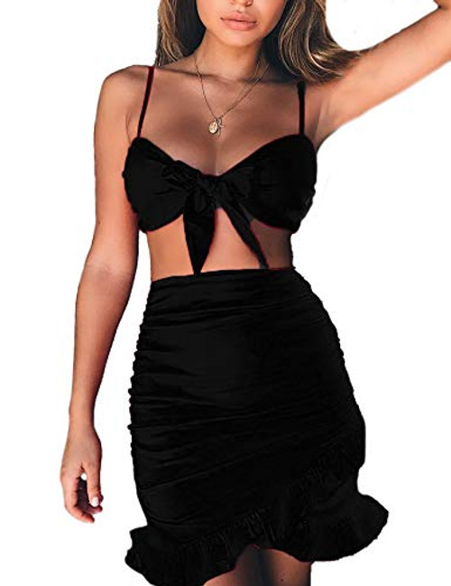 Relipop Women s Strap Crop Top Outfit Two Piece Backless Bandage Bodycon Midi Dress  Large  Black