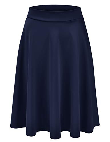 EIMIN Women s Basic Versatile Stretchy Flared Casual Midi Skater Skirt Navy M