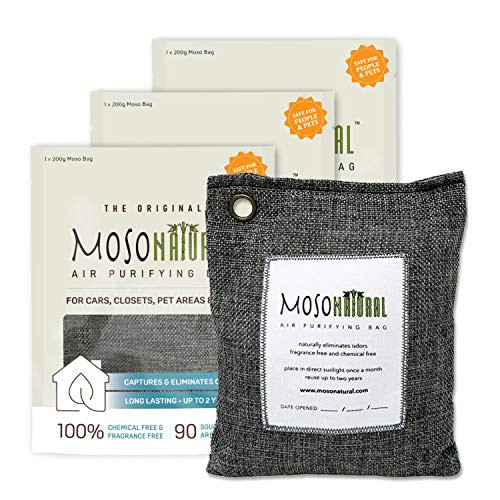 MOSO NATURAL  The Original Air Purifying Bag. for Cars  Closets  Bathrooms  Pet Areas. an Unscented  Chemical-Free Odor Eliminator. 200g 3 Pack  Charcoal