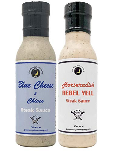 Premium   STEAK SAUCE Variety 2 Pack   Horseradish Rebel Yell Steak Sauce   Blue Cheese  and  Chive Steak Sauce   Low Cholesterol   Low Sugar