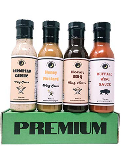Premium   CHICKEN WING SAUCE   Variety 4 Pack   TOP SELLERS   Buffalo Wing Sauce   Honey Mustard Wing Sauce   Parmesan Garlic Wing Sauce   Honey BBQ Wing Sauce