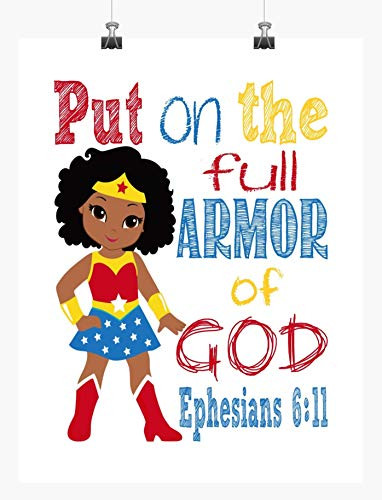 African American Wonder Woman Superhero Inspirational Nursery Decor Print - Put on the full Armor of God - Ephesians 6 11