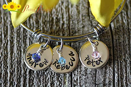 Personalized Mom Bracelet - Aluminum Disc Bangle - Mom Birthday Gift - Adjustable Charm Bracelet with Birthstone - Bangle for Mother