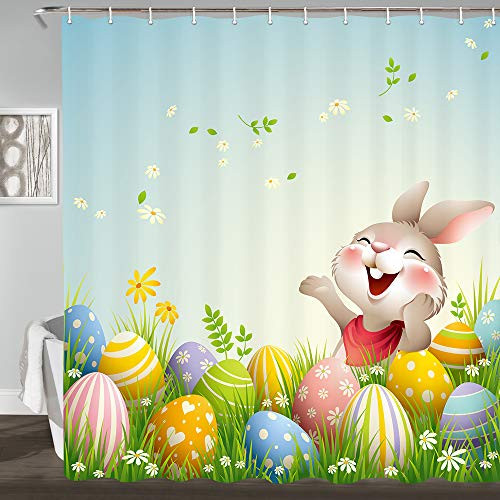 JAWO Easter Rabbit and Eggs Shower Curtain Cute Bunny with Spring Flower Blue Fabric Shower Curtain Bathroom Shower Curtain Set with Hooks 69x70inches JAWO Easter Rabbit and Eggs Shower Curtain Cute Bunny with Spring Flower Blue Fabric Shower Curtain Bathroom Shower Curtain Set with Hooks 69x70inches
