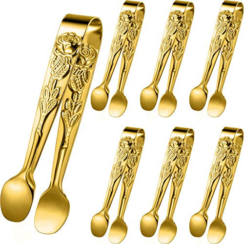 6 Pieces Rose Handle Sugar Tong Stainless Steel Mini Sugar Tong Cube Tongs Non-slip Appetizers Candy Serving Tongs for Coffee Tea Sugar Ice Cube Appetizer Kitchen Serving  Golden
