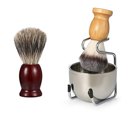 Vtrem Shaving Brush Set for Men 4 in 1 Pure Badger Hair Shaving Brushes with Wood Handle  Stainless Steel Shaving Stand  Plus Bowl Perfect for Wet Shave  Safety Razor