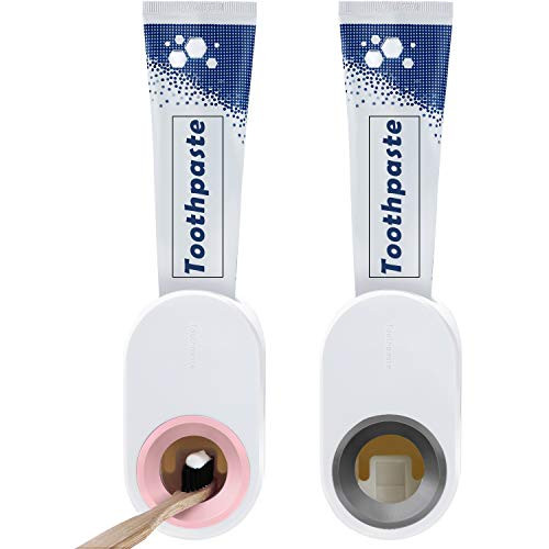 Boao 2 Pieces Automatic Toothpaste Dispenser Wall Mounted Toothpaste Dispenser Automatic Toothpaste Squeezer for Washroom Bathroom  Grey and Pink
