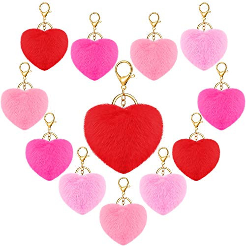 12 Pieces Pom Poms Keychains Fluffy Heart Shape Pompoms Keyrings Furry Heart Pompom Ball Keychains Faux Rabbit Pom Pendant Keychain Clips for Women Girl Valentine s Day