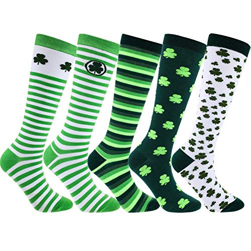 5 Pairs St. Patrick s Day Shamrocks Cotton Socks Cotton Knee Long High Socks Irish Green Striped Socks for St. Patrick s Day Irish Party Supplies