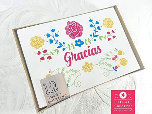 Fiesta Floral Garden Thank you Gracias Cards Set of 4 or 12 Blank Note cards  Plus envelopes