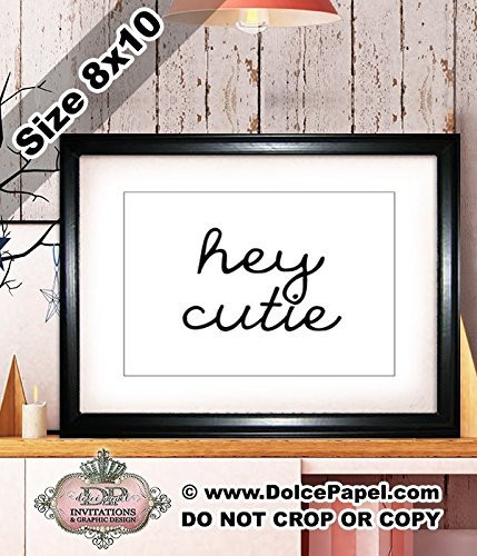 Shimmery Metallic Black HEY CUTIE Script Quote Modern Art Deco Framed Art Print Size 8x10 Black Frame